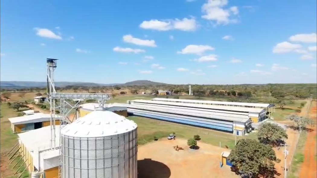 O novo silo em primeiro plano, com os galpões da Granja OVO Brasil ao fundo